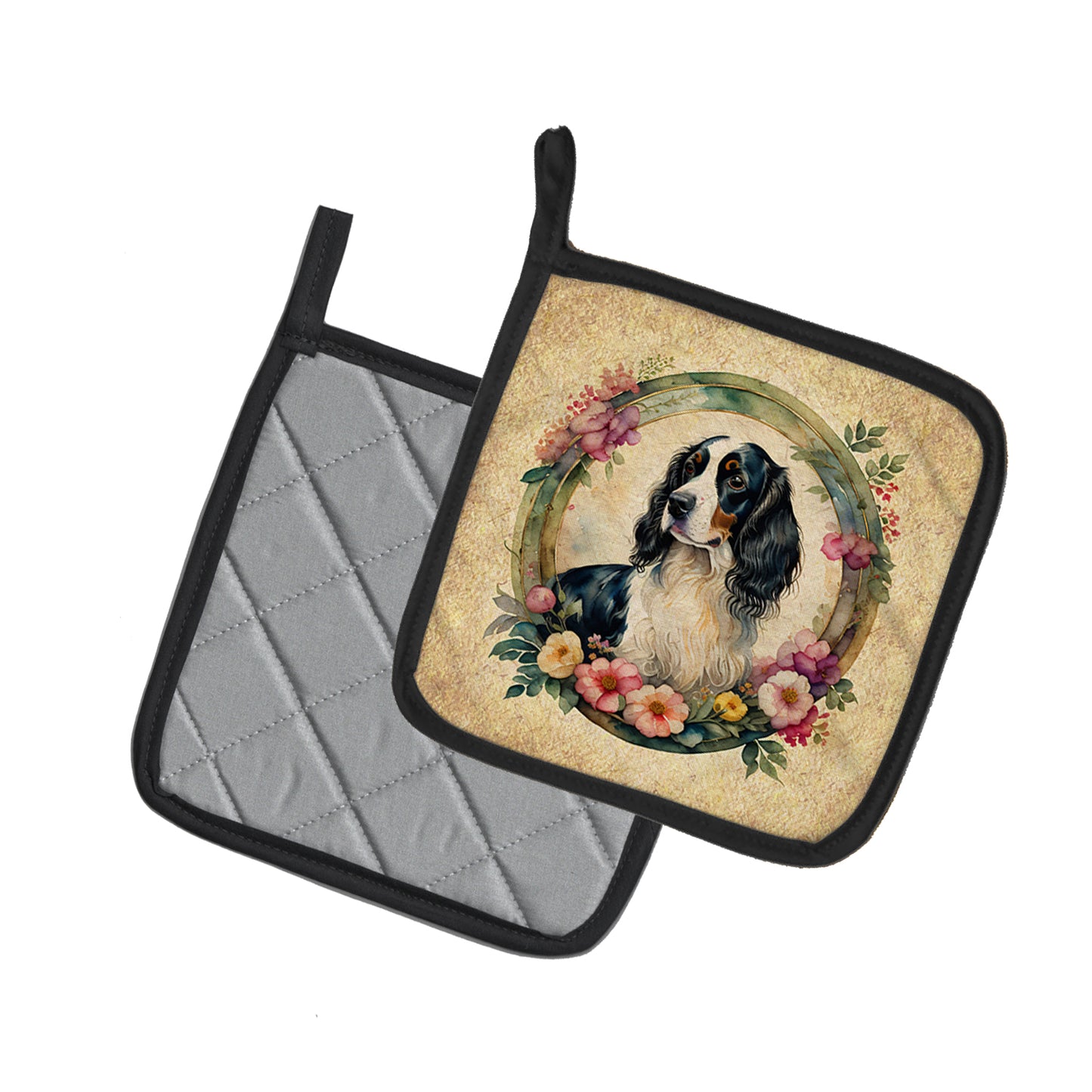 English Springer Spaniel and Flowers Pair of Pot Holders