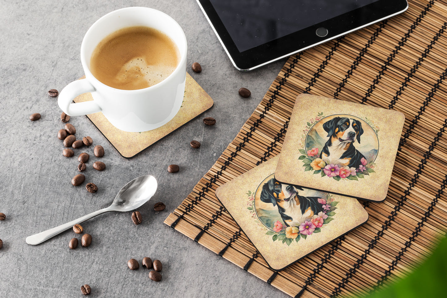 Entlebucher Mountain Dog and Flowers Foam Coasters