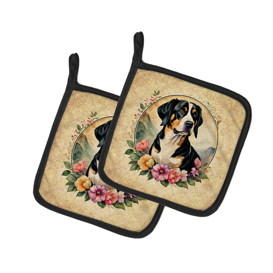 Buy this Entlebucher Mountain Dog and Flowers Pair of Pot Holders