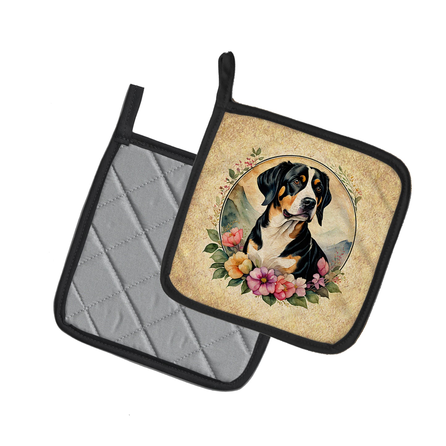 Entlebucher Mountain Dog and Flowers Pair of Pot Holders