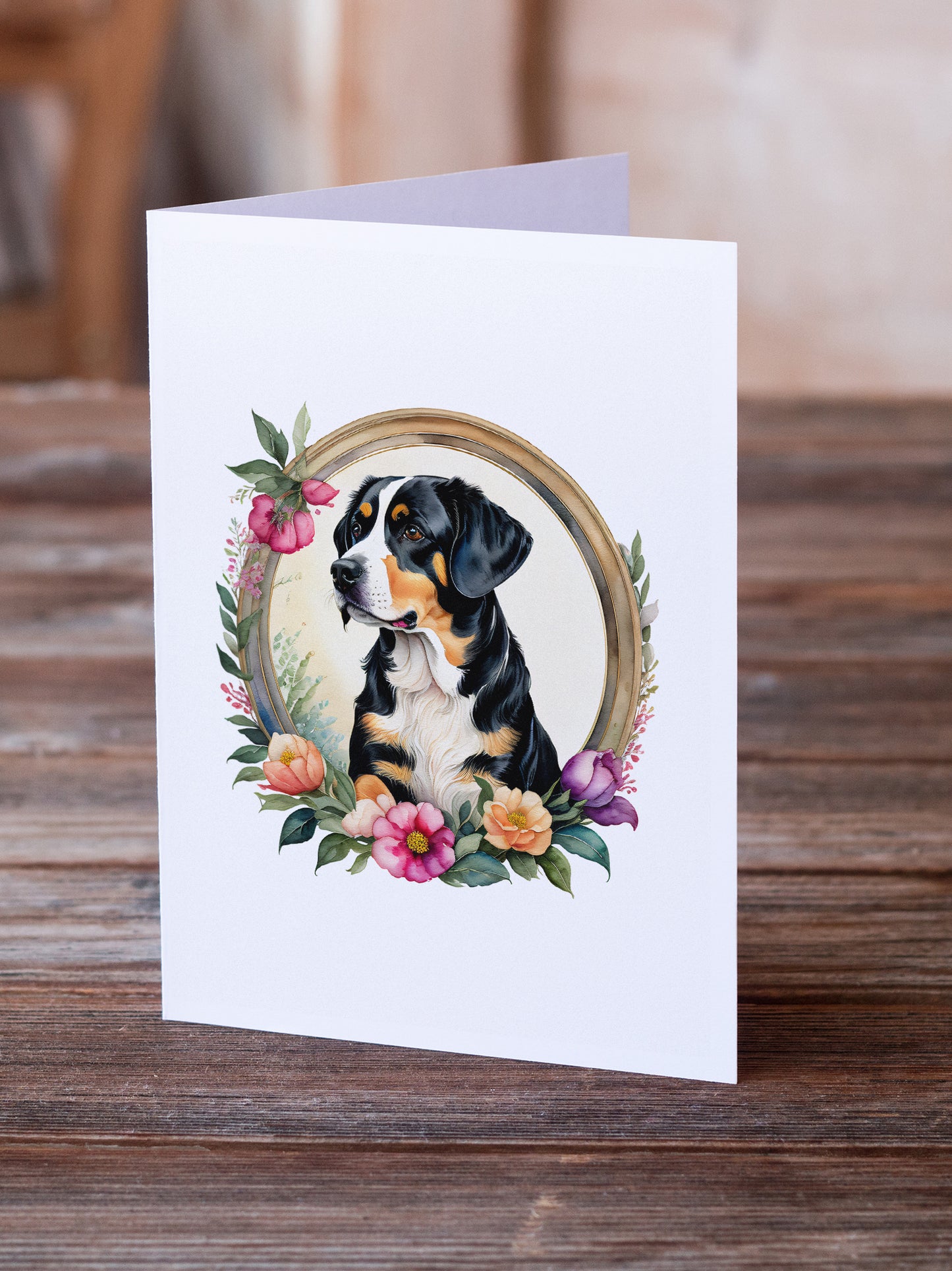Entlebucher Mountain Dog and Flowers Greeting Cards and Envelopes Pack of 8