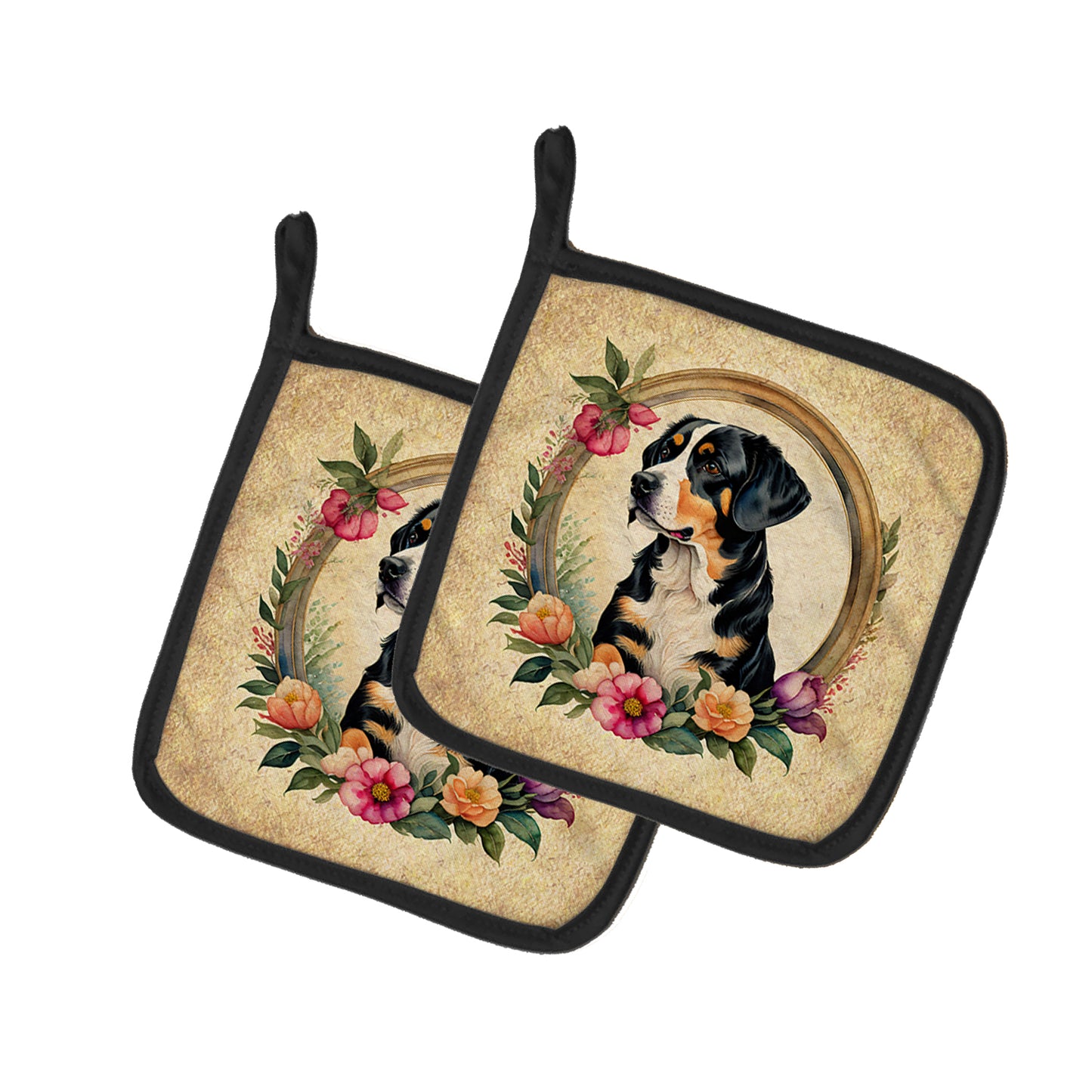 Buy this Entlebucher Mountain Dog and Flowers Pair of Pot Holders