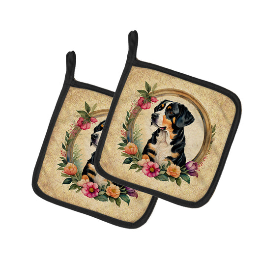 Buy this Entlebucher Mountain Dog and Flowers Pair of Pot Holders