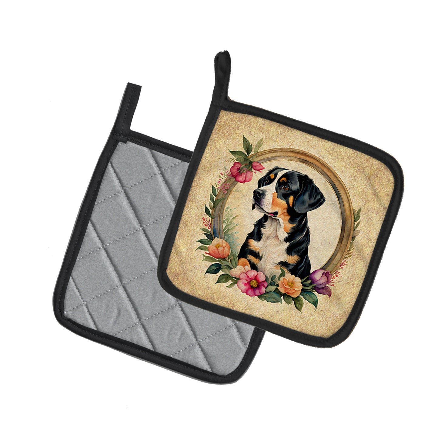 Entlebucher Mountain Dog and Flowers Pair of Pot Holders