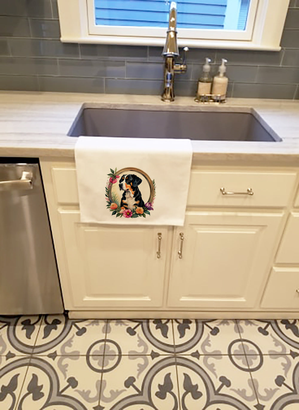 Entlebucher Mountain Dog and Flowers Kitchen Towel Set of 2