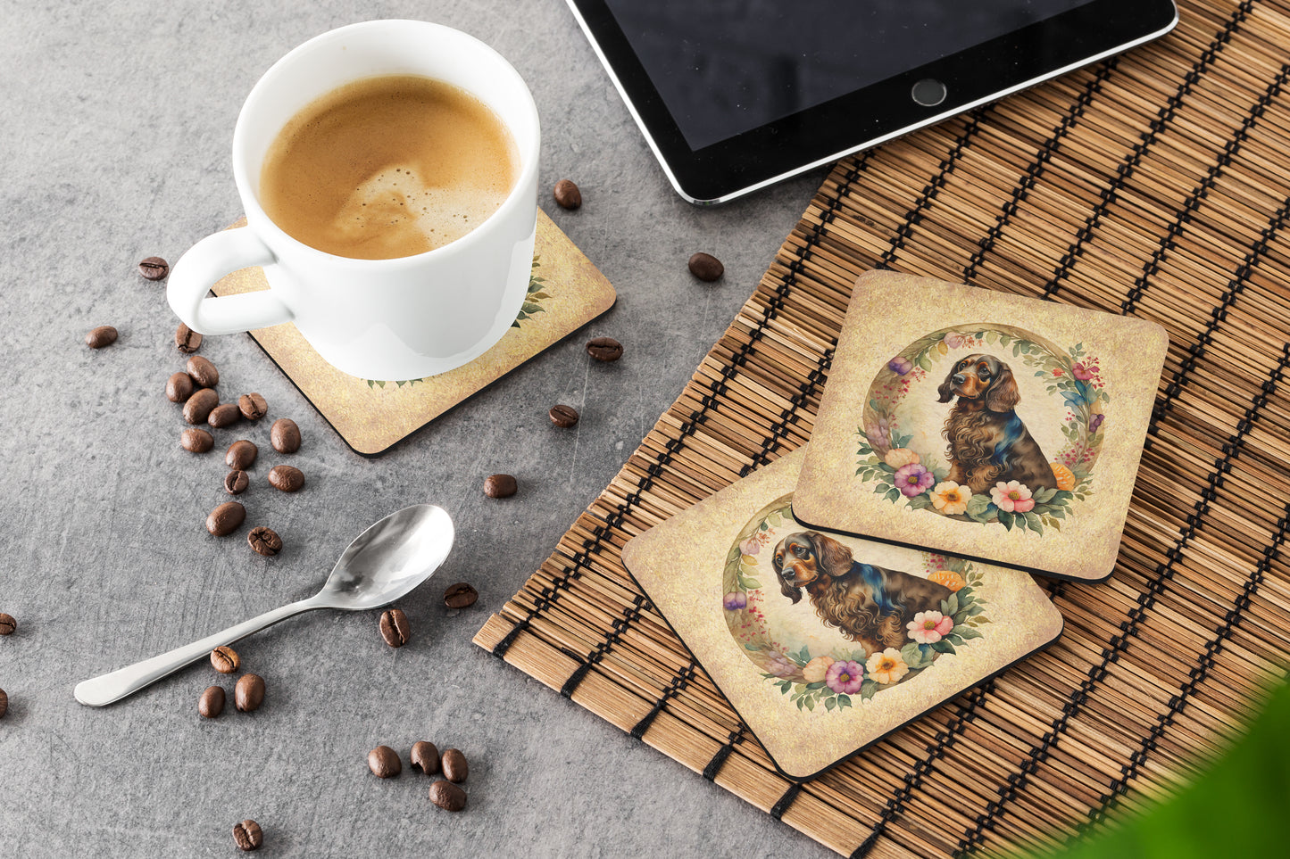 Field Spaniel and Flowers Foam Coasters