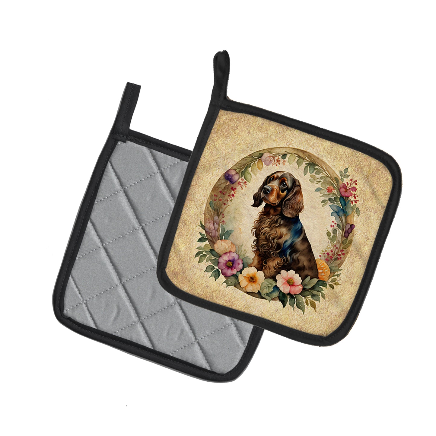 Field Spaniel and Flowers Pair of Pot Holders