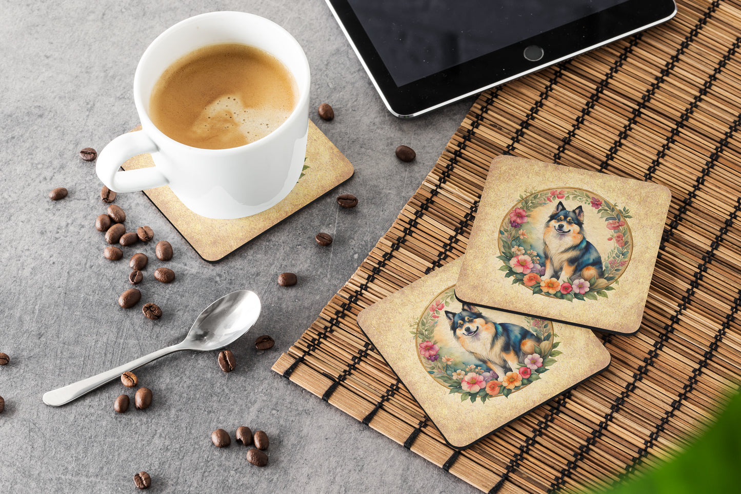 Finnish Lapphund and Flowers Foam Coasters