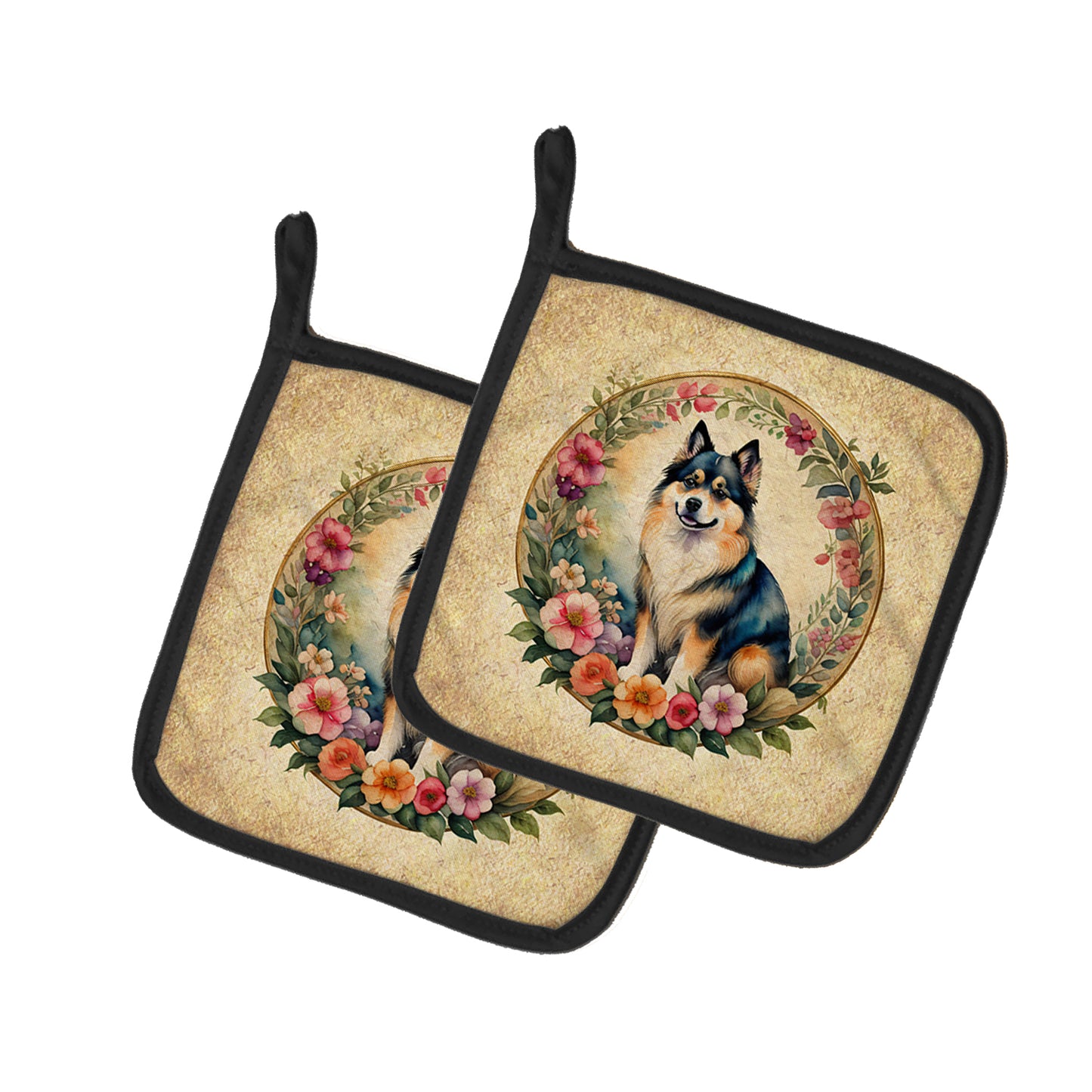 Buy this Finnish Lapphund and Flowers Pair of Pot Holders