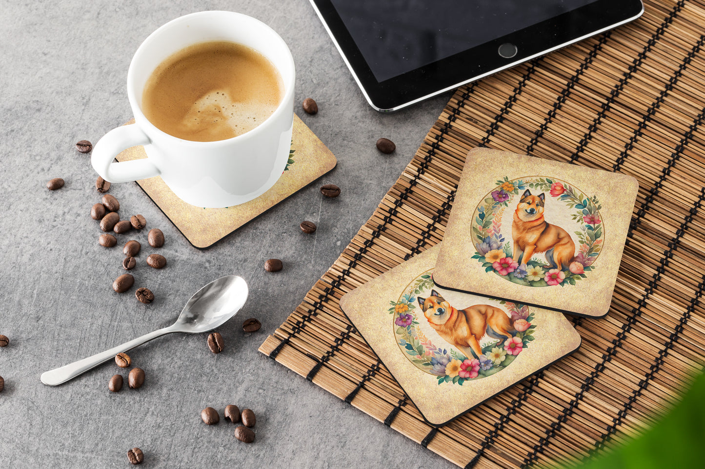 Finnish Spitz and Flowers Foam Coasters