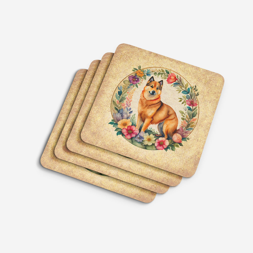 Finnish Spitz and Flowers Foam Coasters