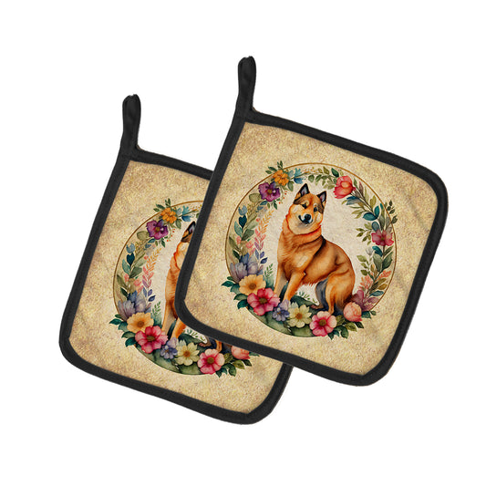 Buy this Finnish Spitz and Flowers Pair of Pot Holders