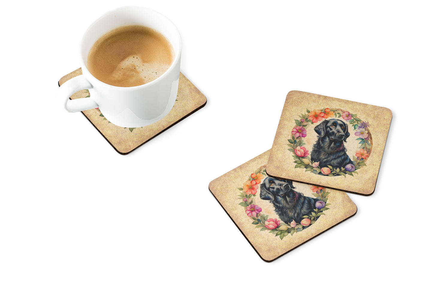 Flat-Coated Retriever and Flowers Foam Coasters