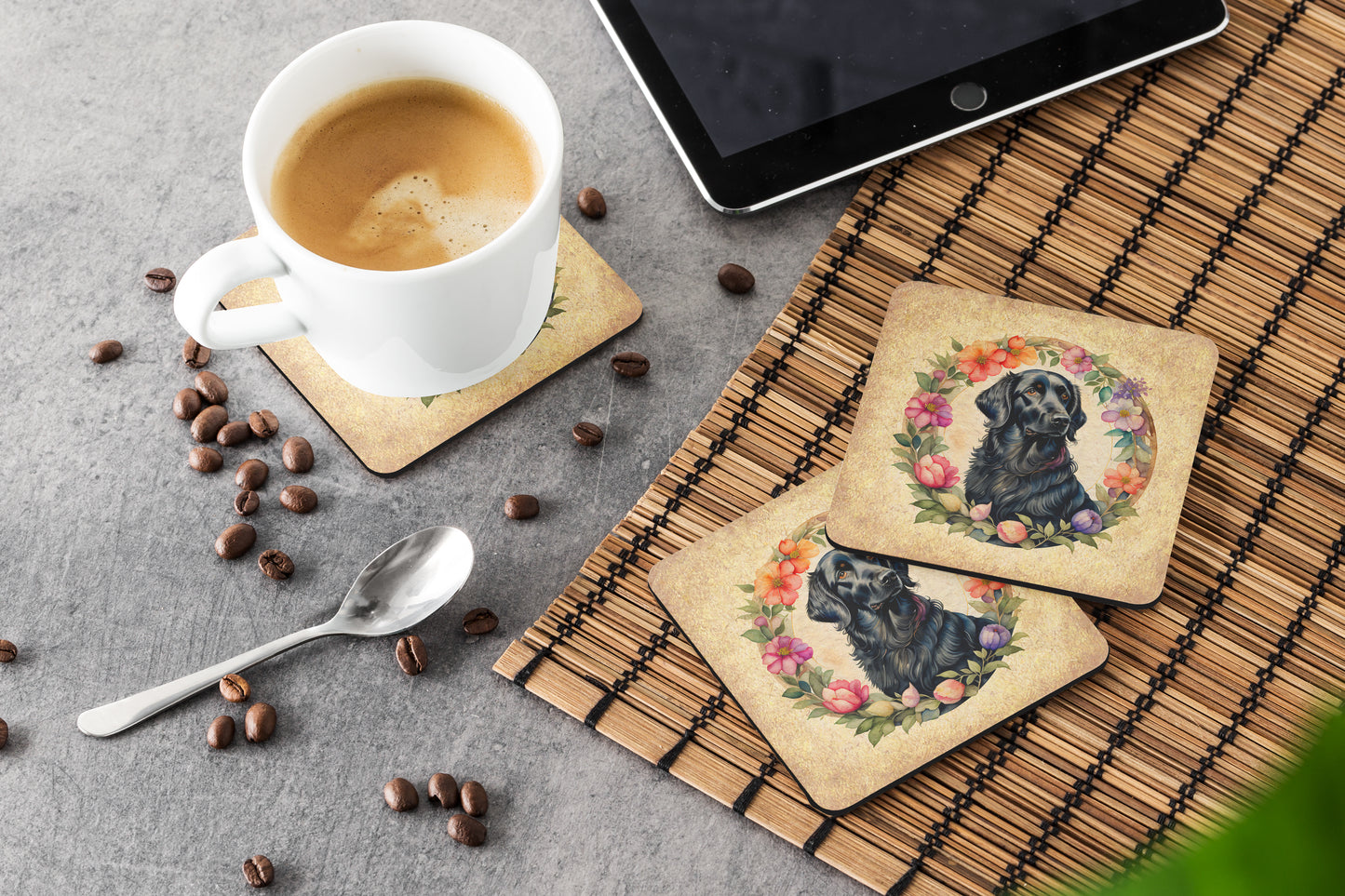 Flat-Coated Retriever and Flowers Foam Coasters