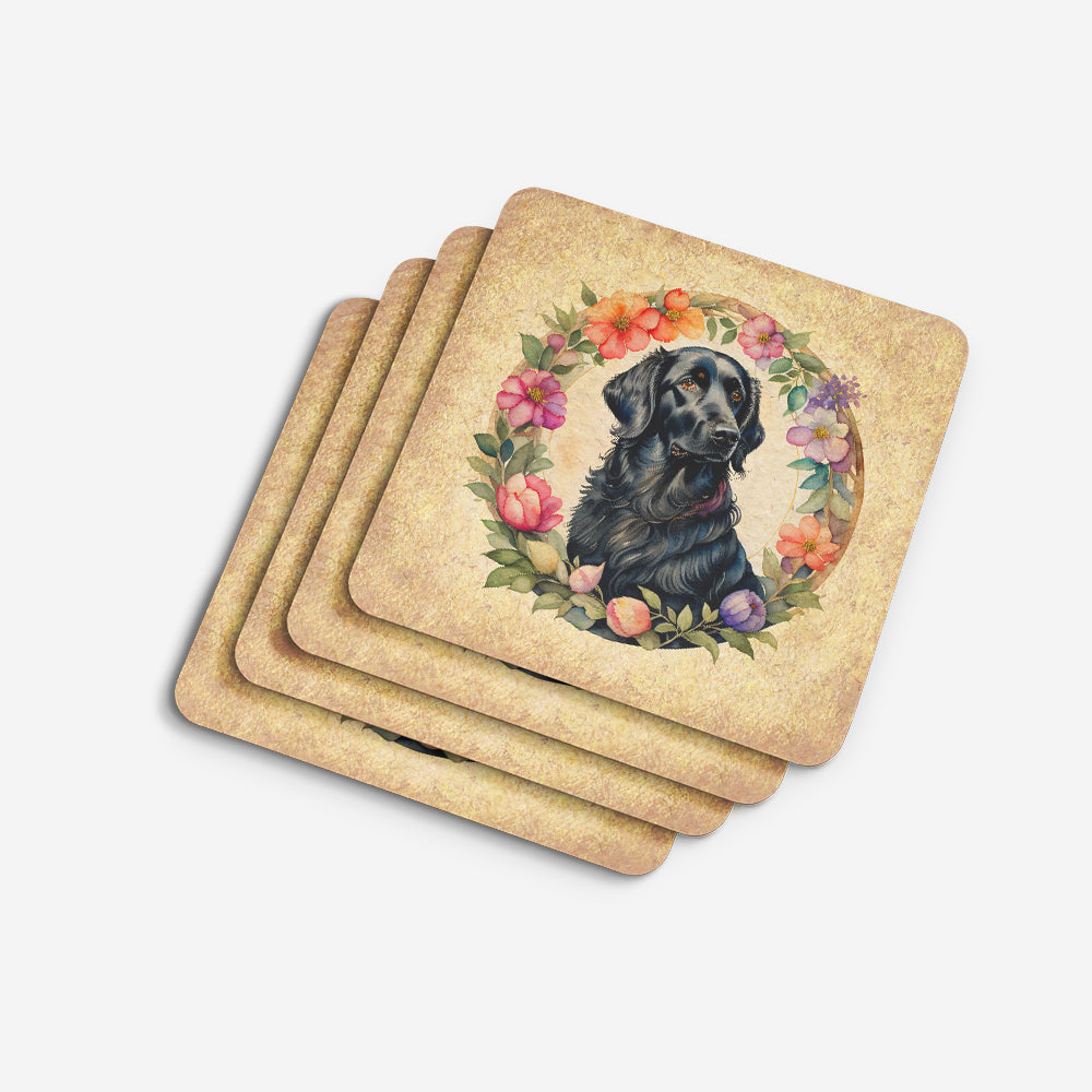 Flat-Coated Retriever and Flowers Foam Coasters