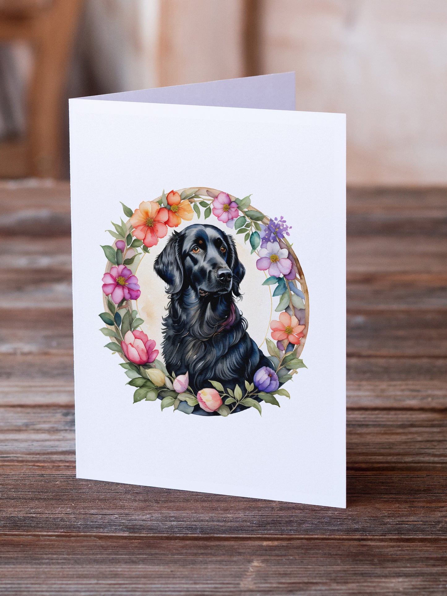 Flat-Coated Retriever and Flowers Greeting Cards and Envelopes Pack of 8