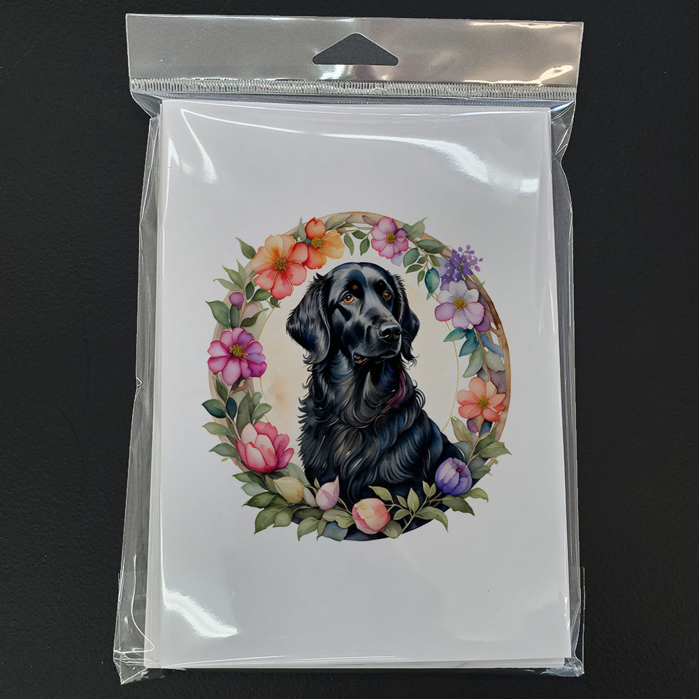 Flat-Coated Retriever and Flowers Greeting Cards and Envelopes Pack of 8