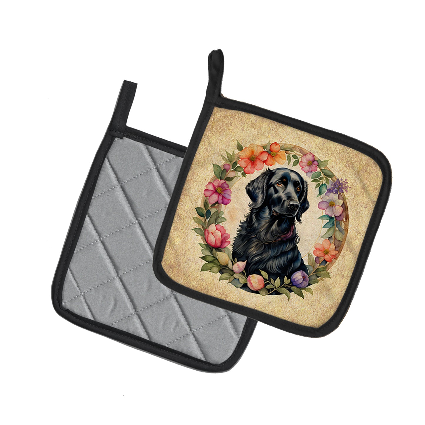 Flat-Coated Retriever and Flowers Pair of Pot Holders