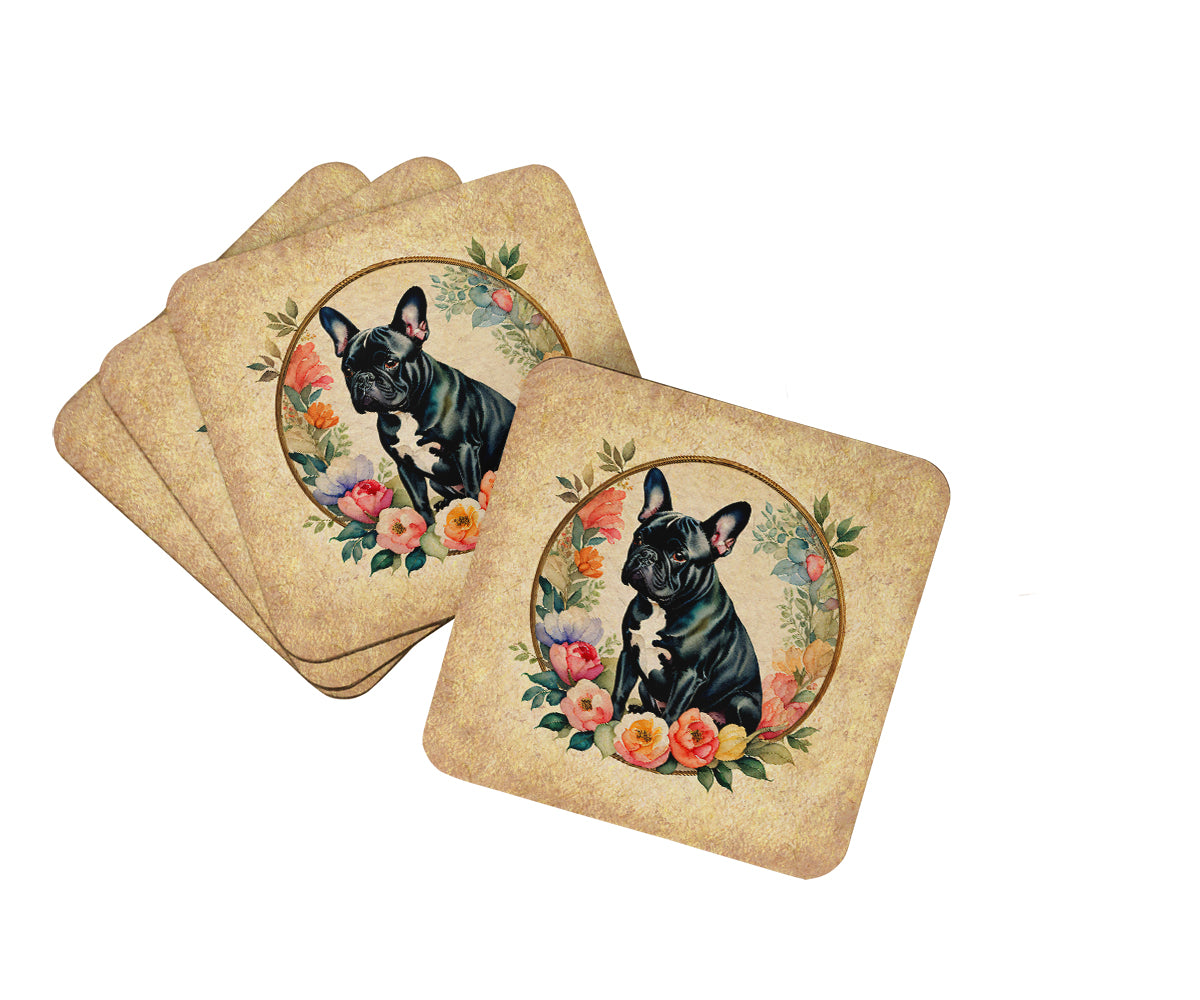 Buy this Black French Bulldog and Flowers Foam Coasters