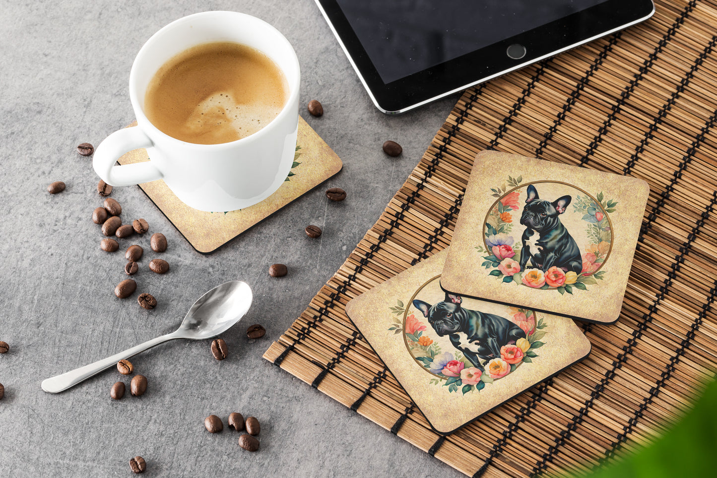Black French Bulldog and Flowers Foam Coasters