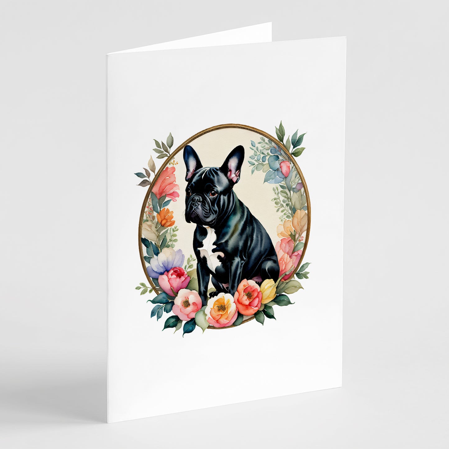 Buy this Black French Bulldog and Flowers Greeting Cards and Envelopes Pack of 8