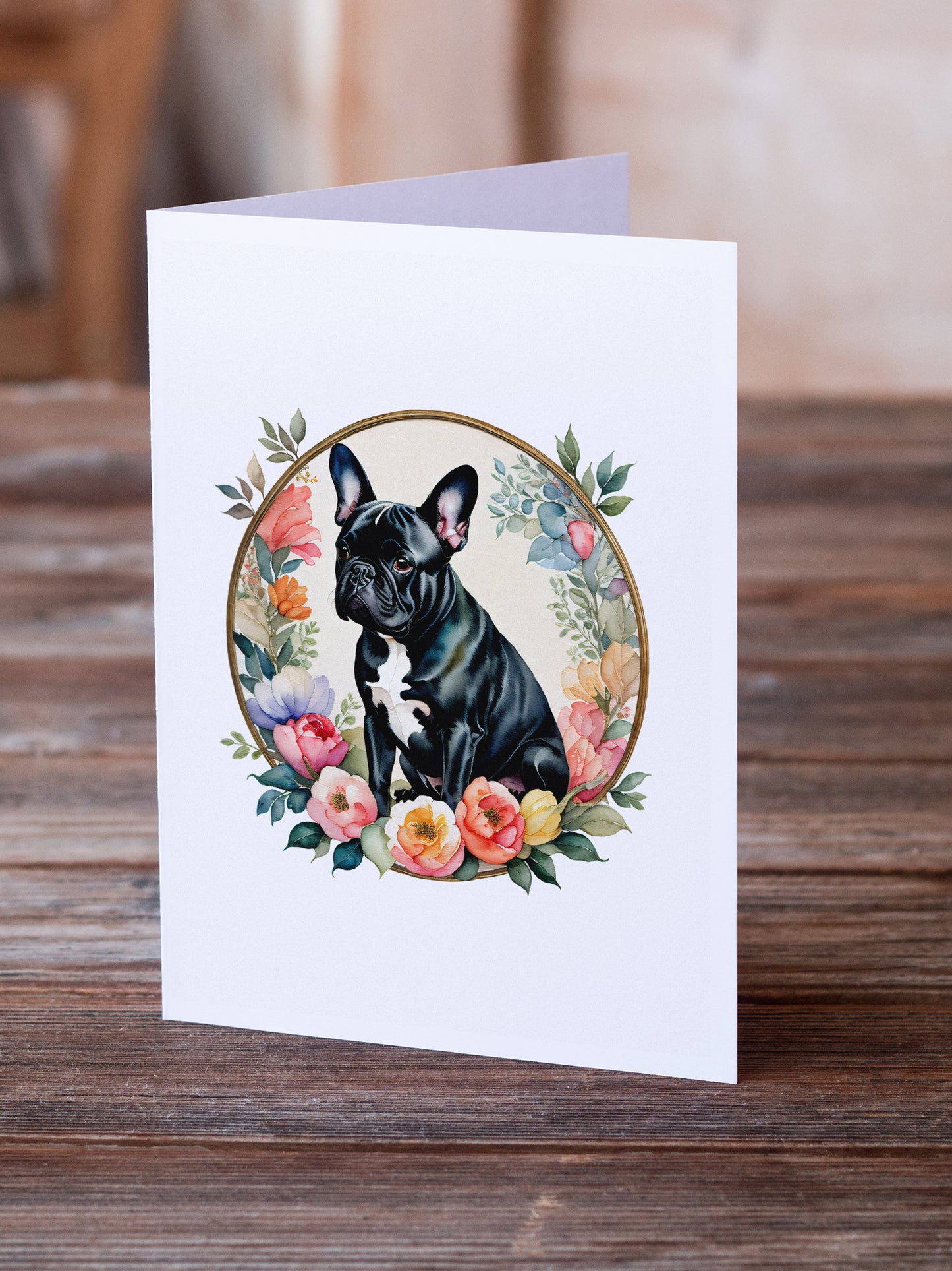 Black French Bulldog and Flowers Greeting Cards and Envelopes Pack of 8