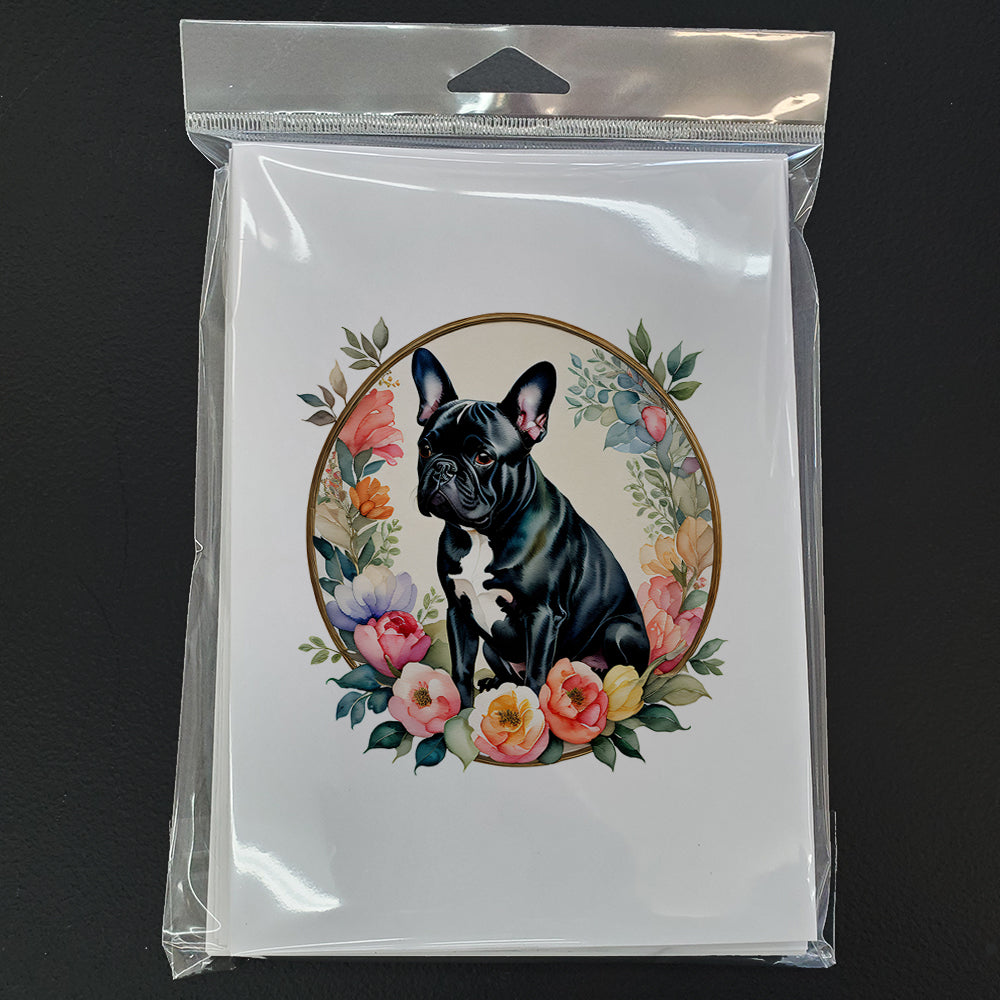 Black French Bulldog and Flowers Greeting Cards and Envelopes Pack of 8