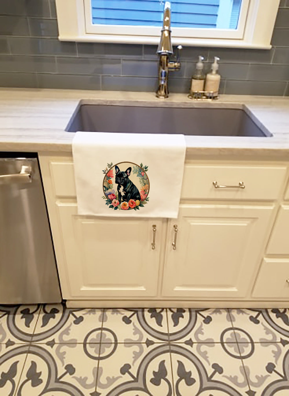 Black French Bulldog and Flowers Kitchen Towel Set of 2