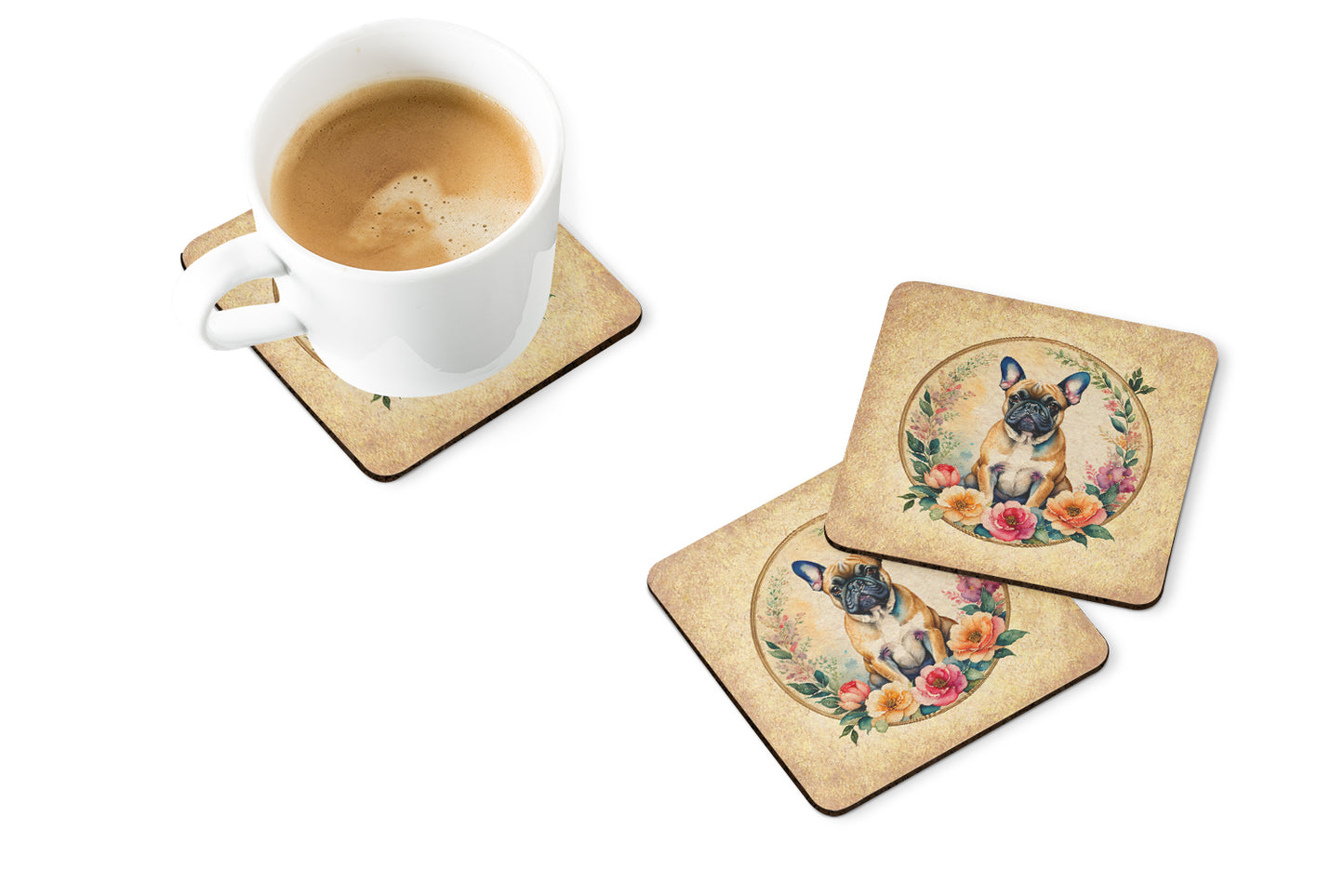 Fawn  French Bulldog and Flowers Foam Coasters