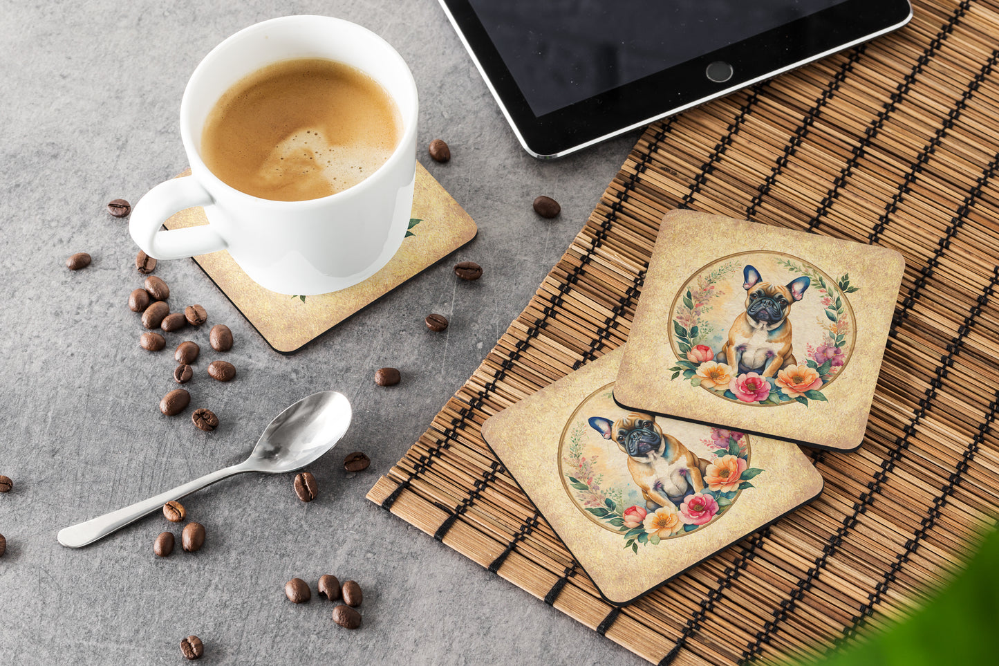 Fawn  French Bulldog and Flowers Foam Coasters