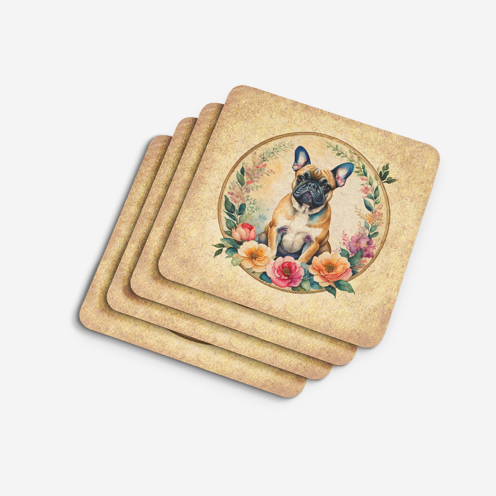Fawn  French Bulldog and Flowers Foam Coasters