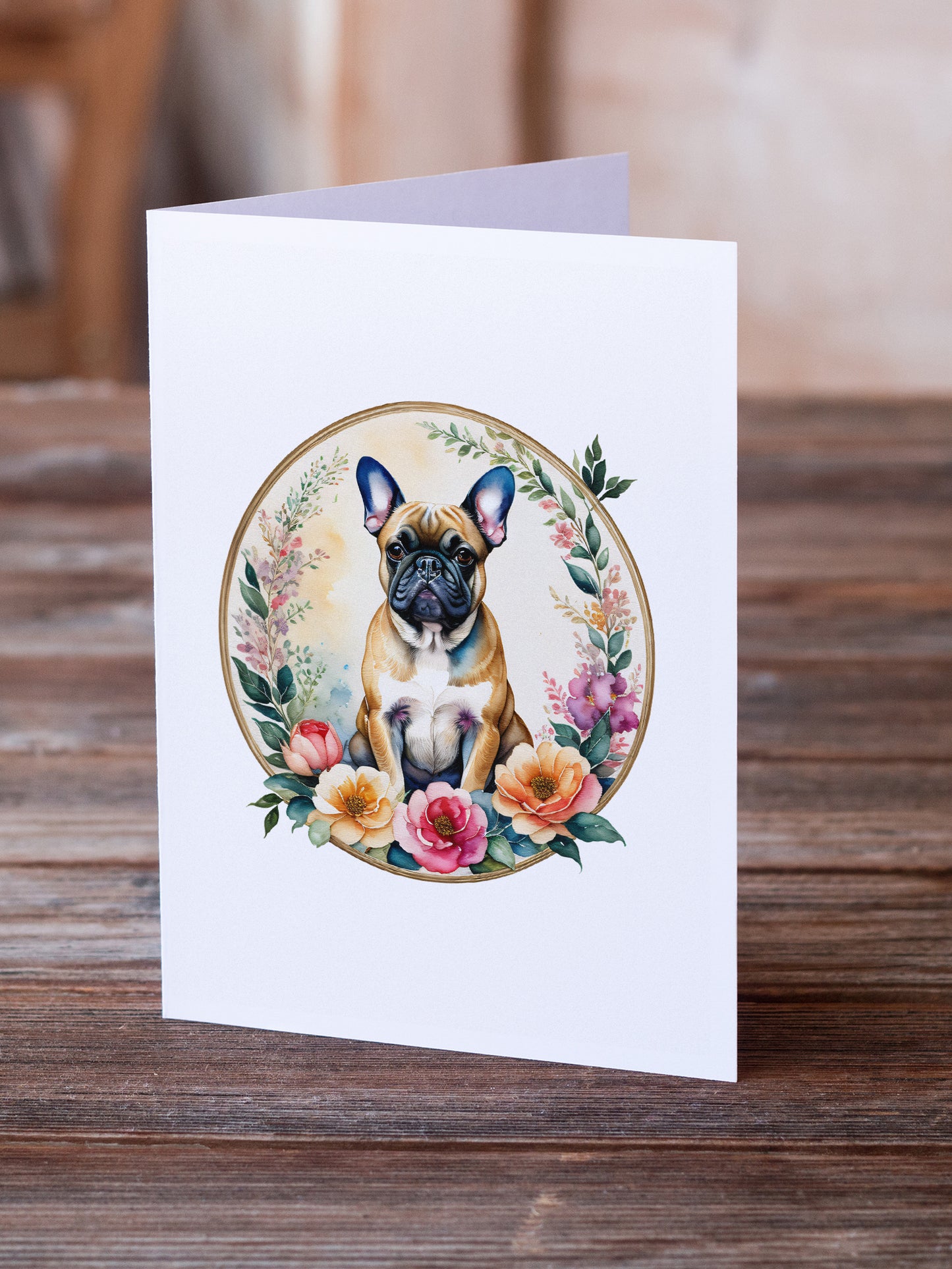 Fawn  French Bulldog and Flowers Greeting Cards and Envelopes Pack of 8