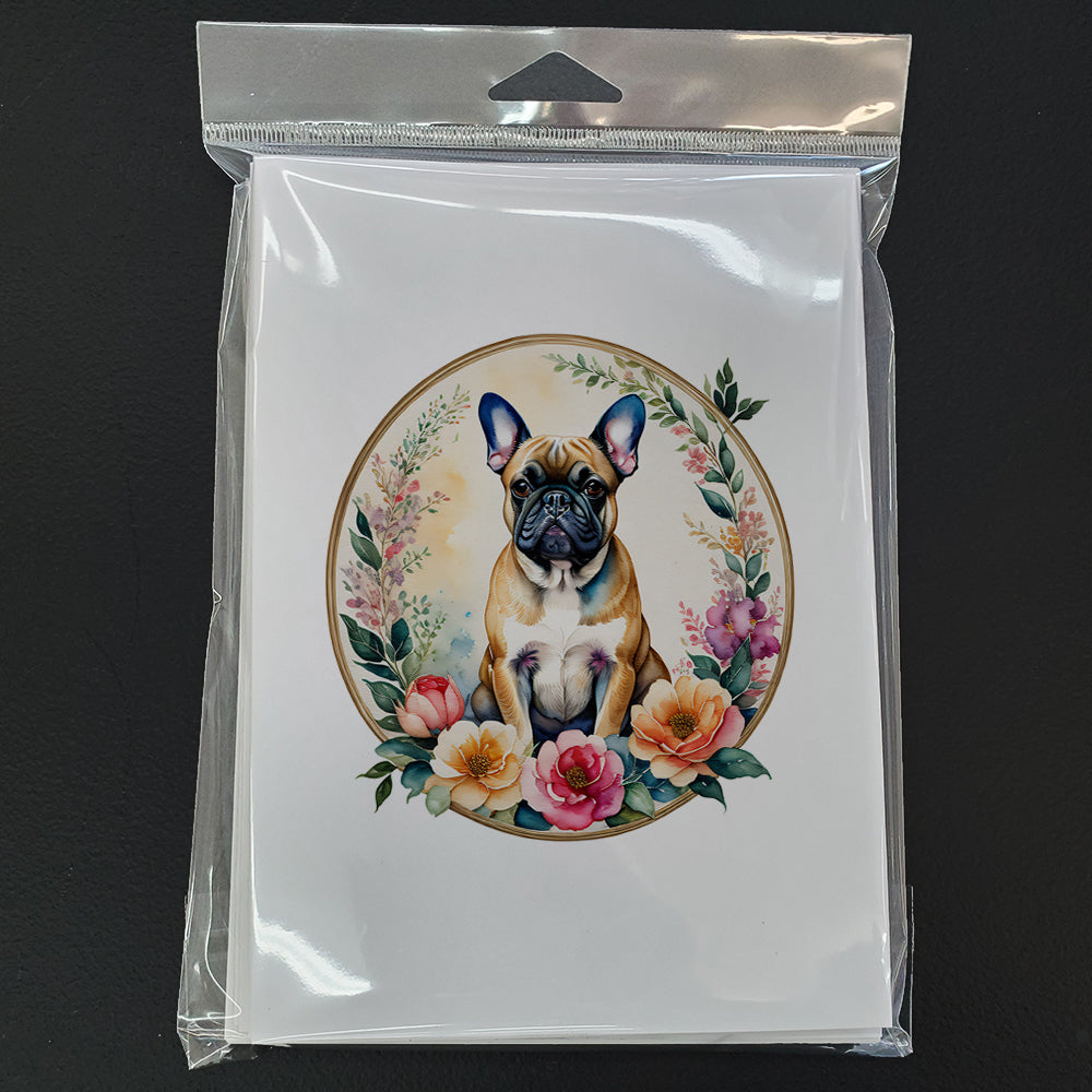 Fawn  French Bulldog and Flowers Greeting Cards and Envelopes Pack of 8