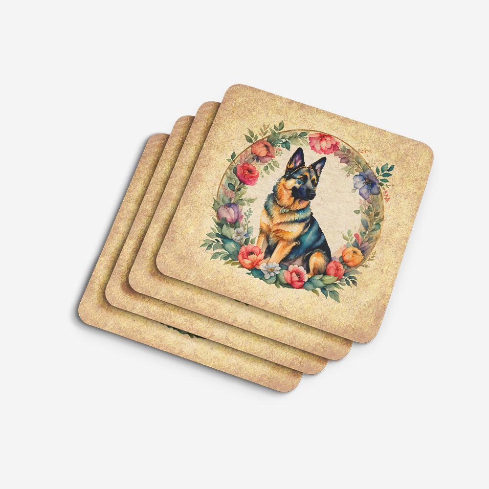 German Shepherd and Flowers Foam Coasters