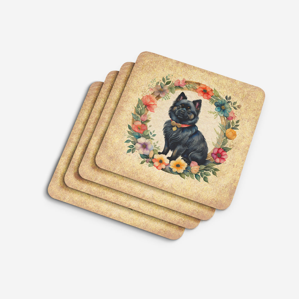 German Spitz and Flowers Foam Coasters