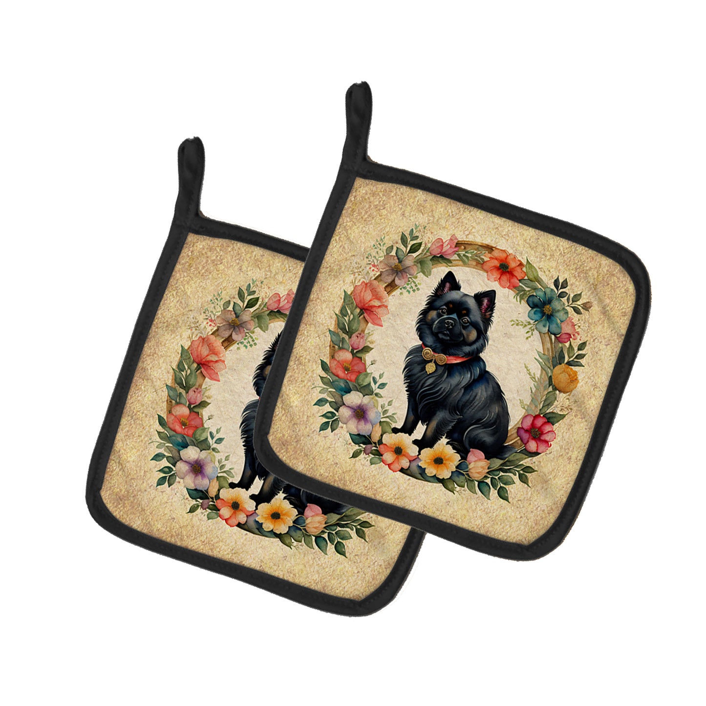 Buy this German Spitz and Flowers Pair of Pot Holders