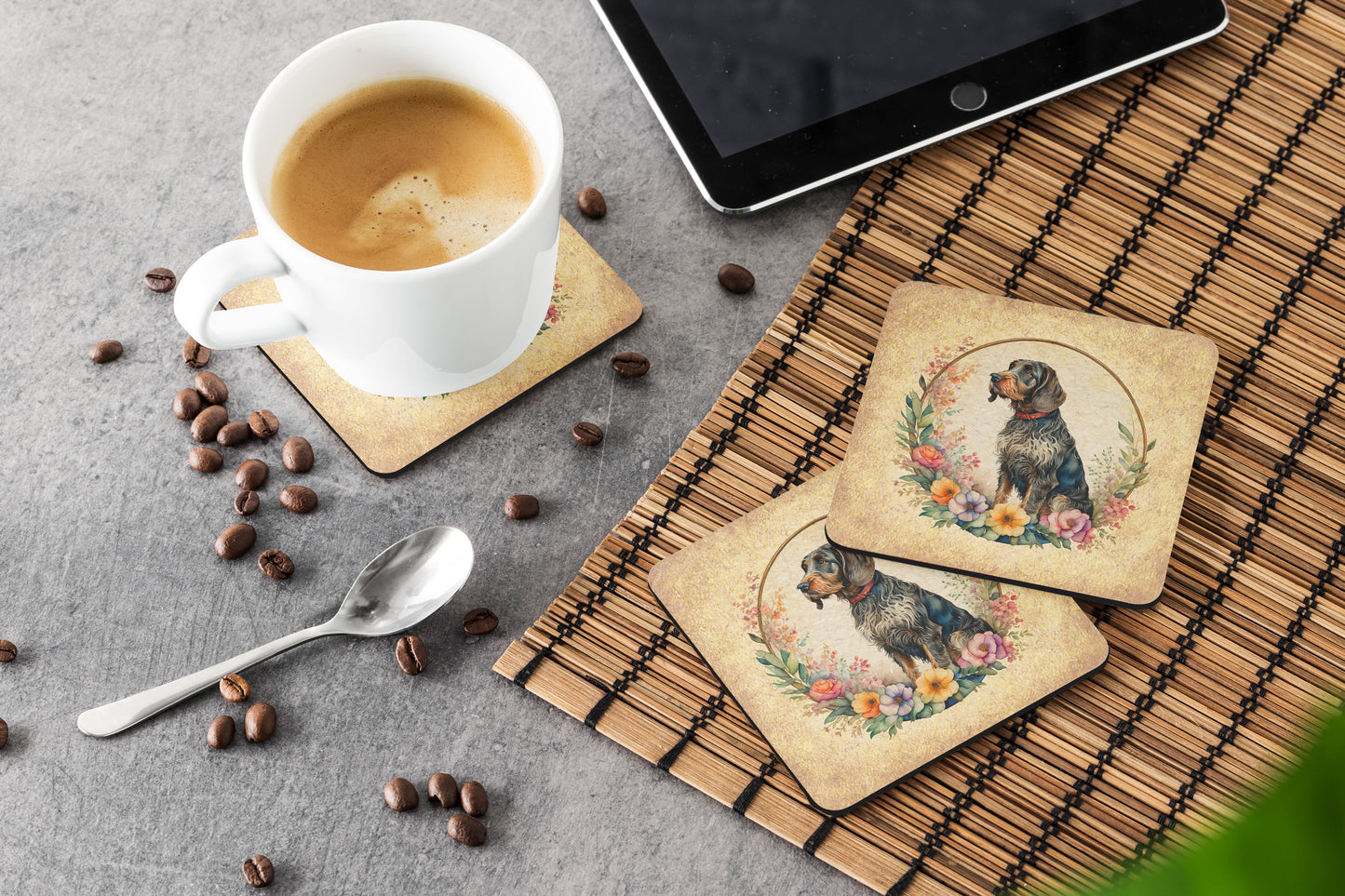 German Wirehaired Pointer and Flowers Foam Coasters