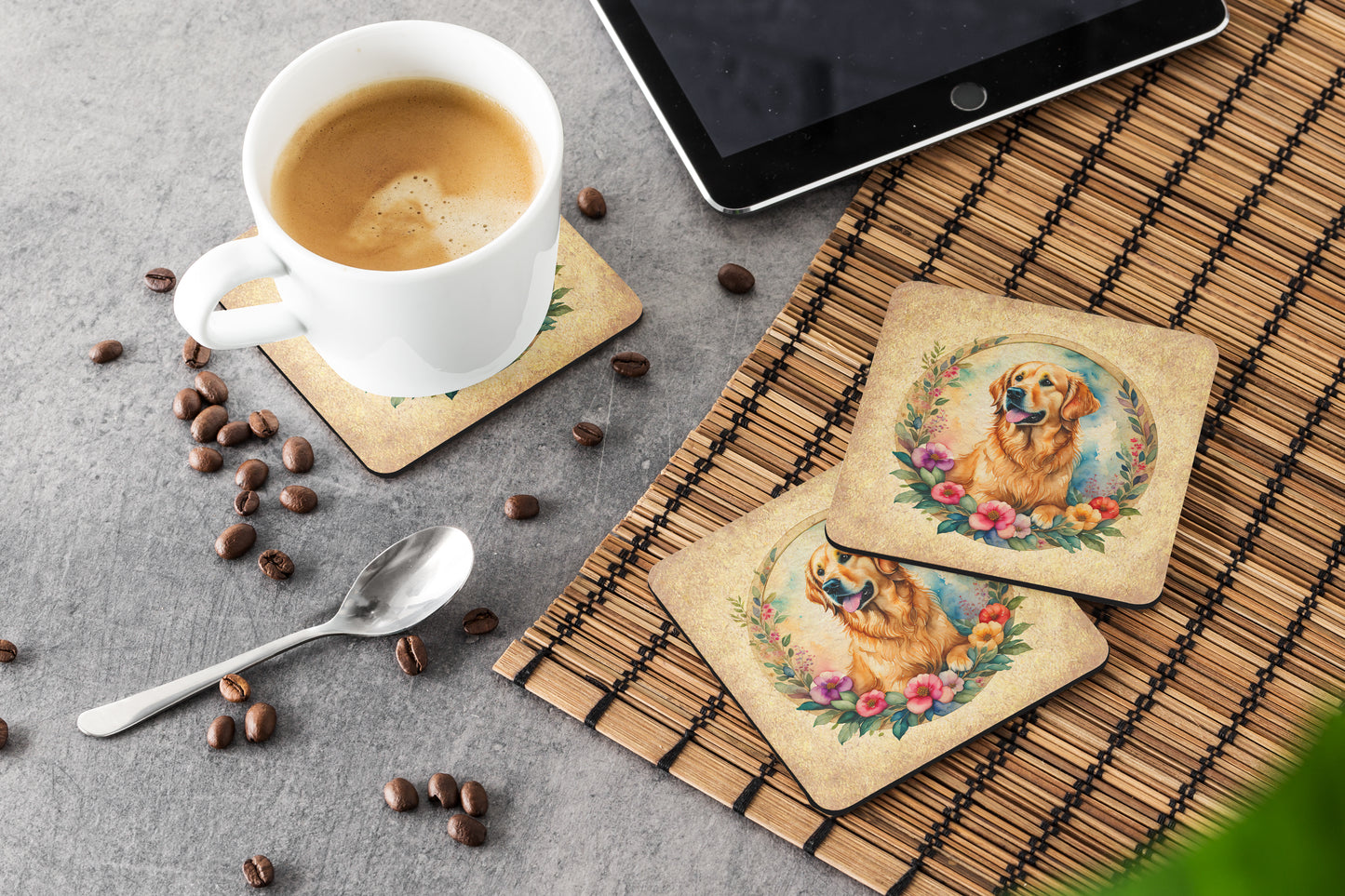 Golden Retriever and Flowers Foam Coasters