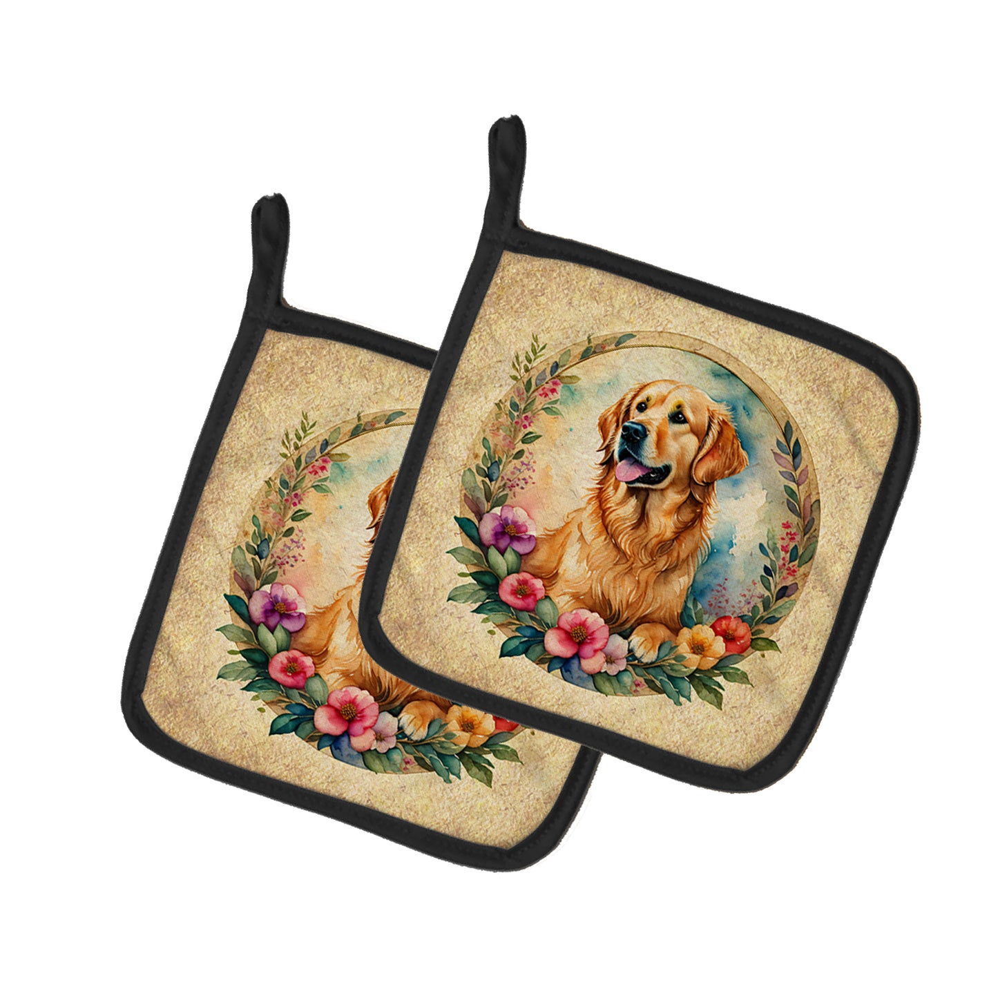 Buy this Golden Retriever and Flowers Pair of Pot Holders