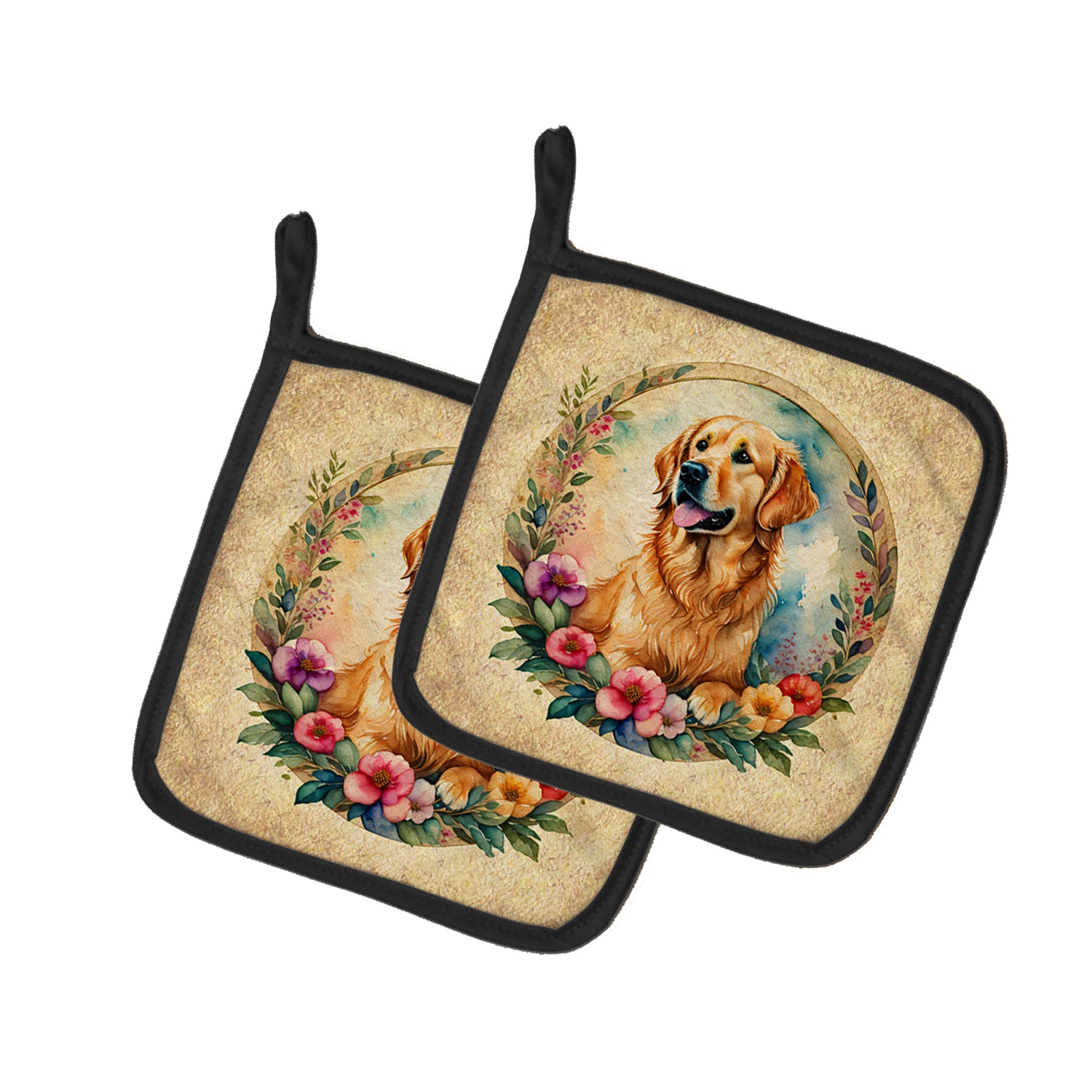Buy this Golden Retriever and Flowers Pair of Pot Holders