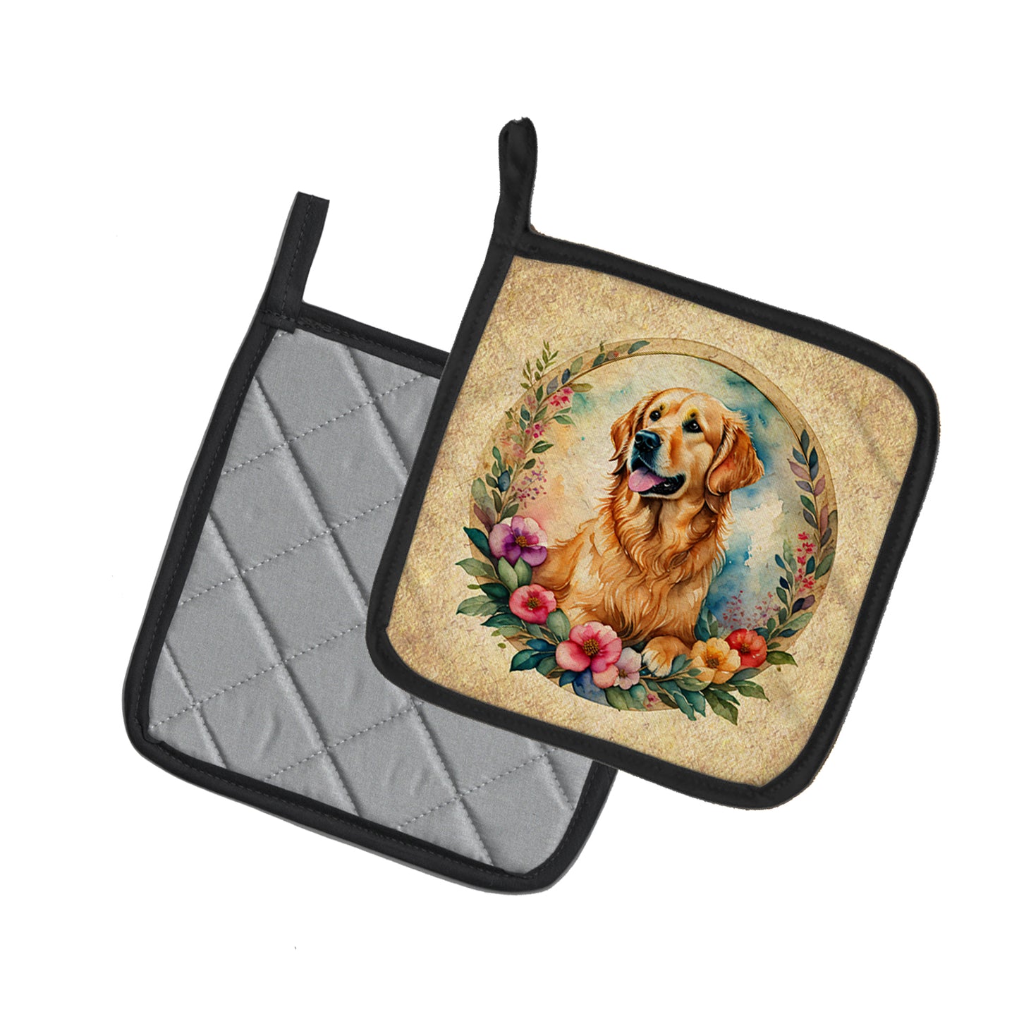 Golden Retriever and Flowers Pair of Pot Holders