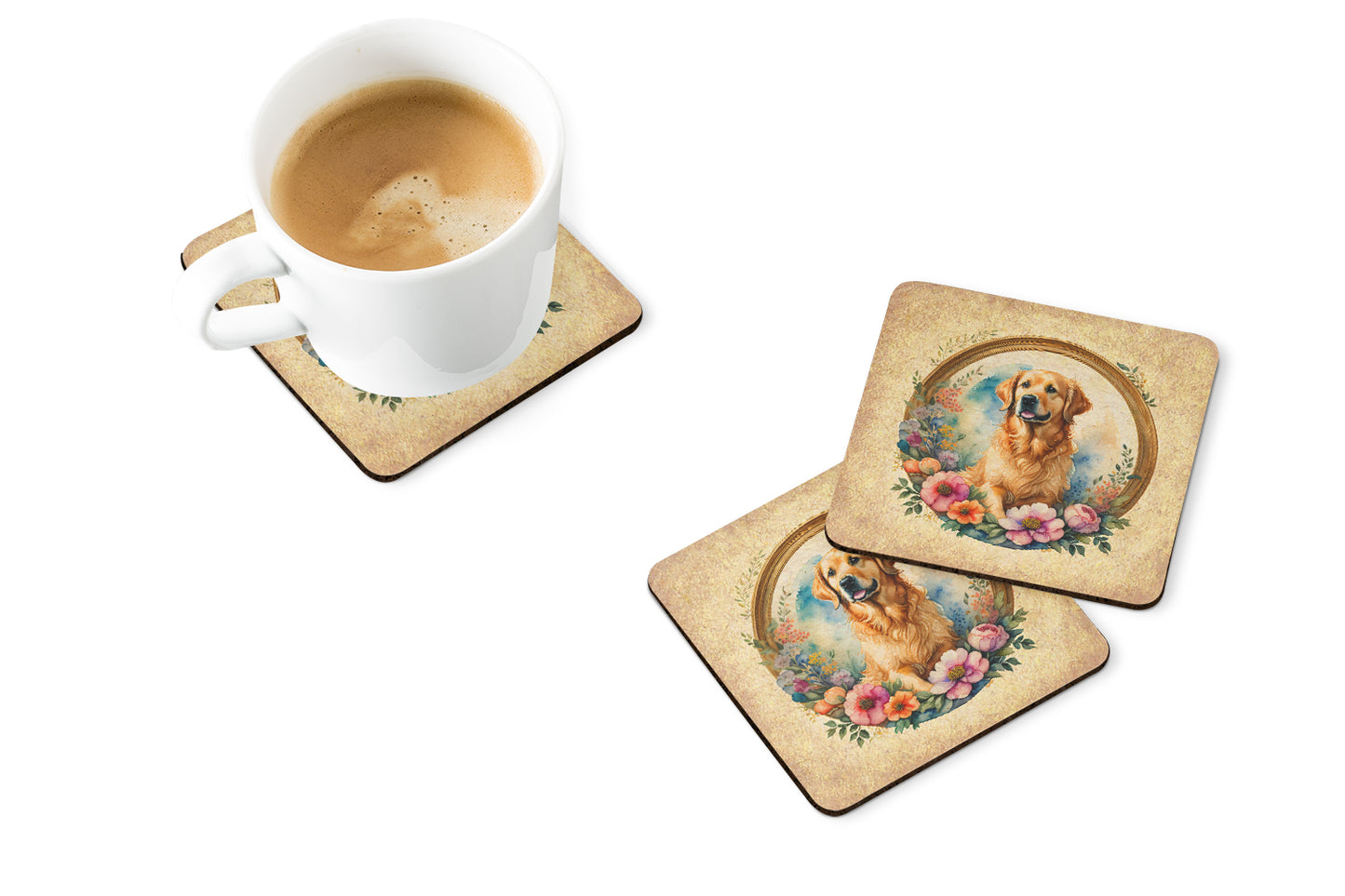 Golden Retriever and Flowers Foam Coasters