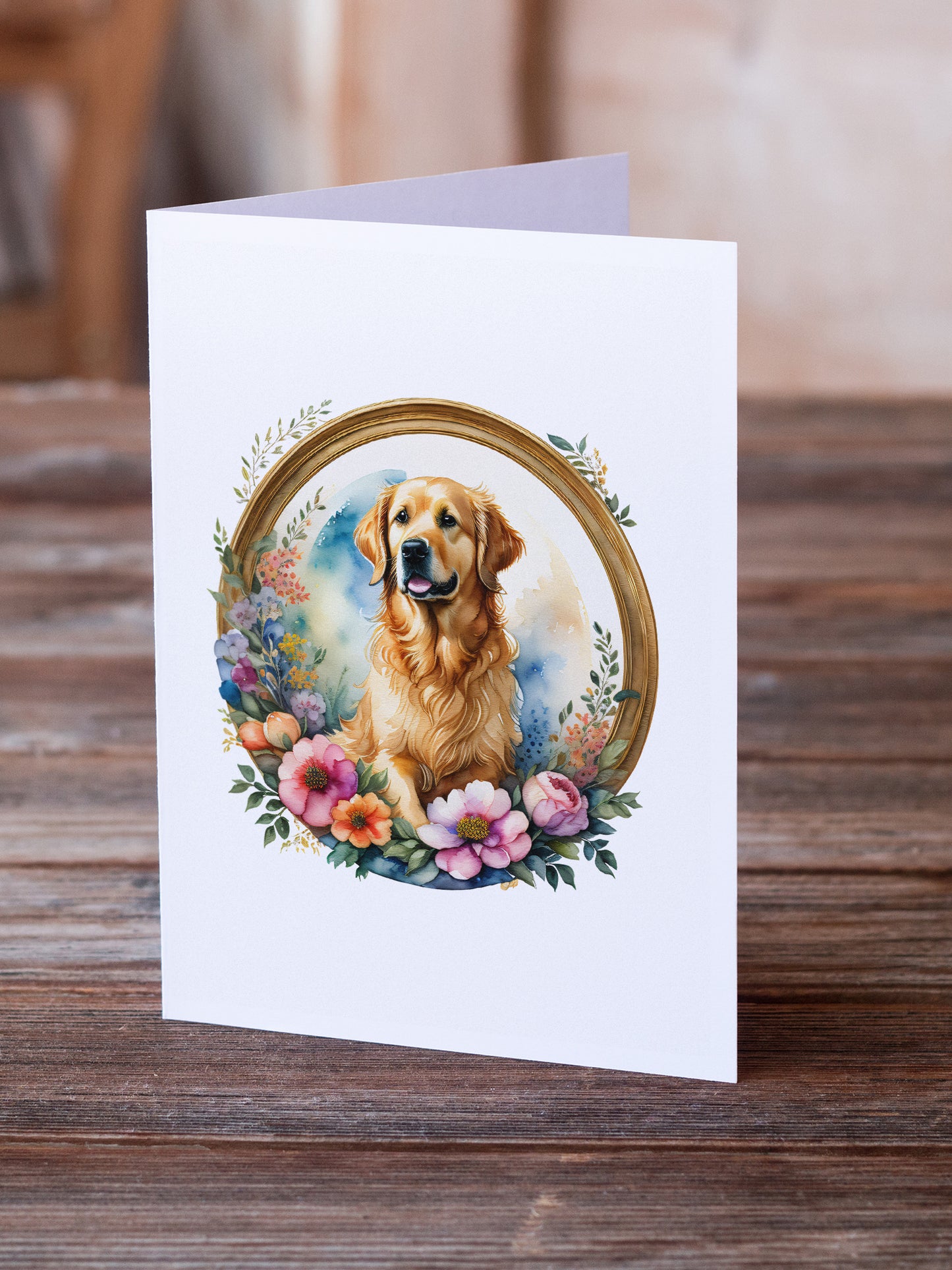 Golden Retriever and Flowers Greeting Cards and Envelopes Pack of 8