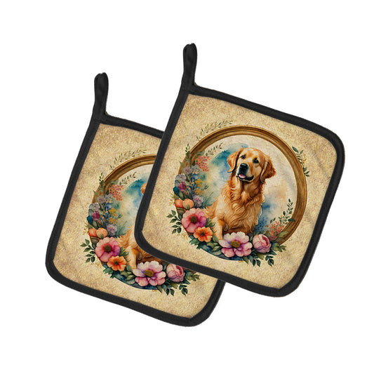 Buy this Golden Retriever and Flowers Pair of Pot Holders