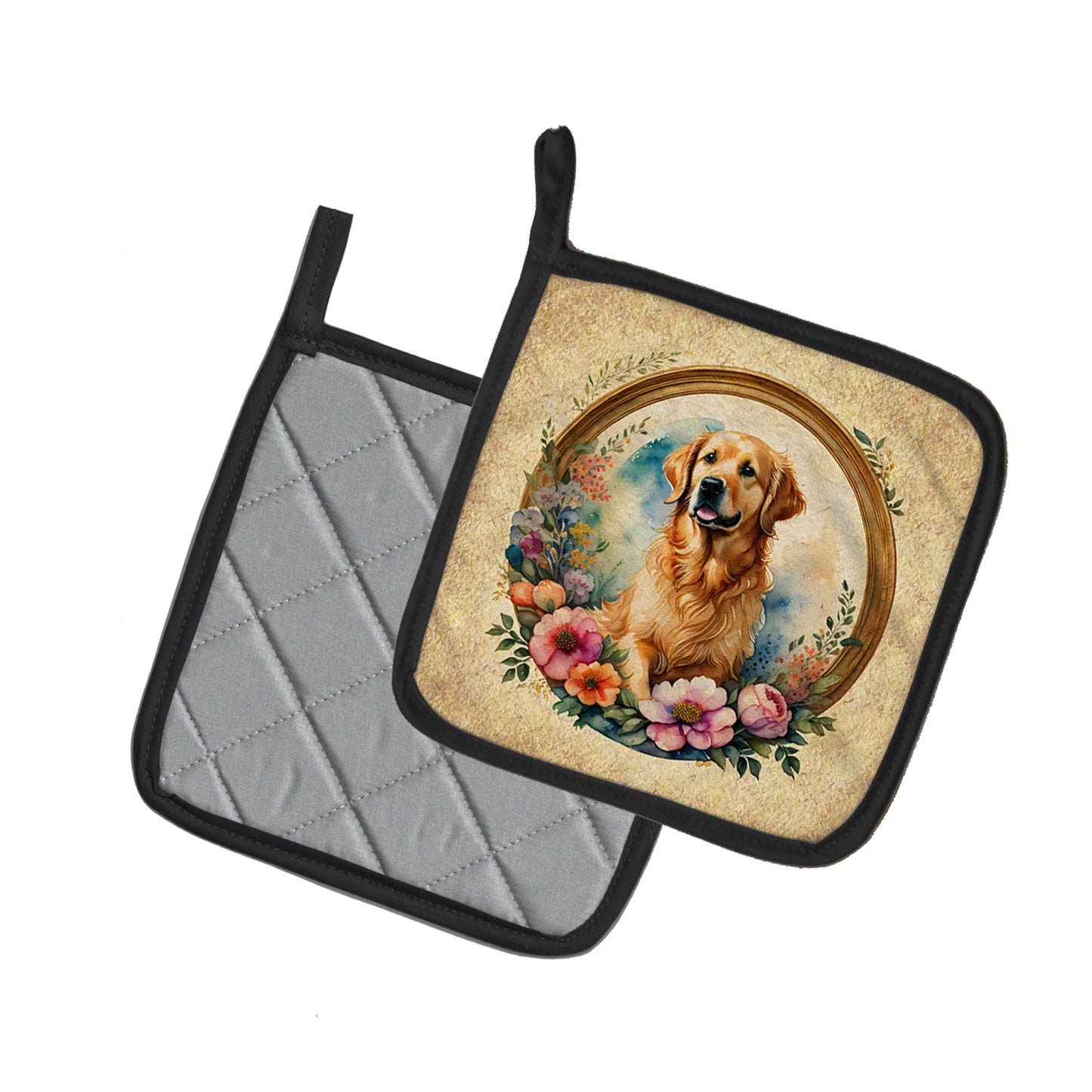 Golden Retriever and Flowers Pair of Pot Holders