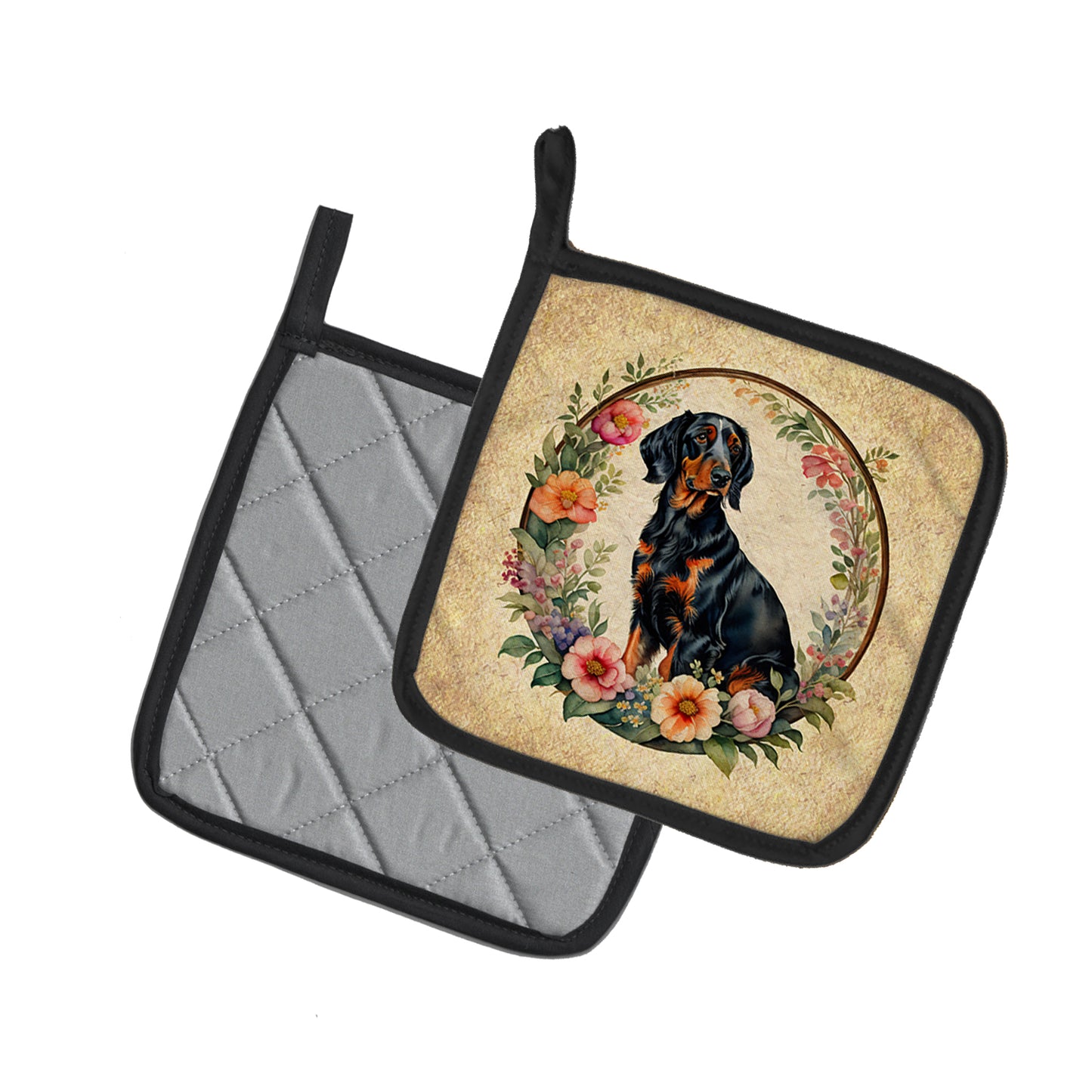 Gordon Setter and Flowers Pair of Pot Holders