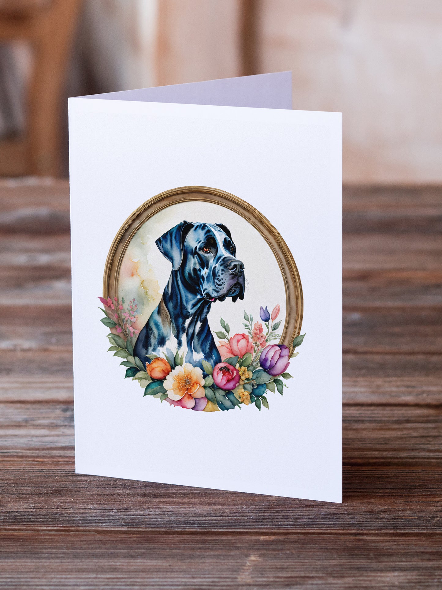 Great Dane and Flowers Greeting Cards and Envelopes Pack of 8