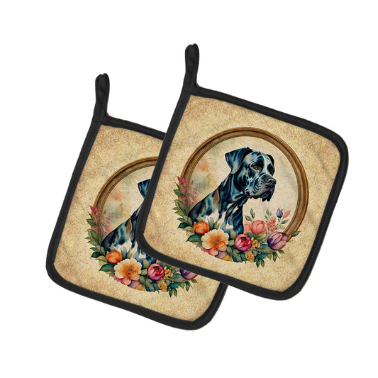 Buy this Great Dane and Flowers Pair of Pot Holders