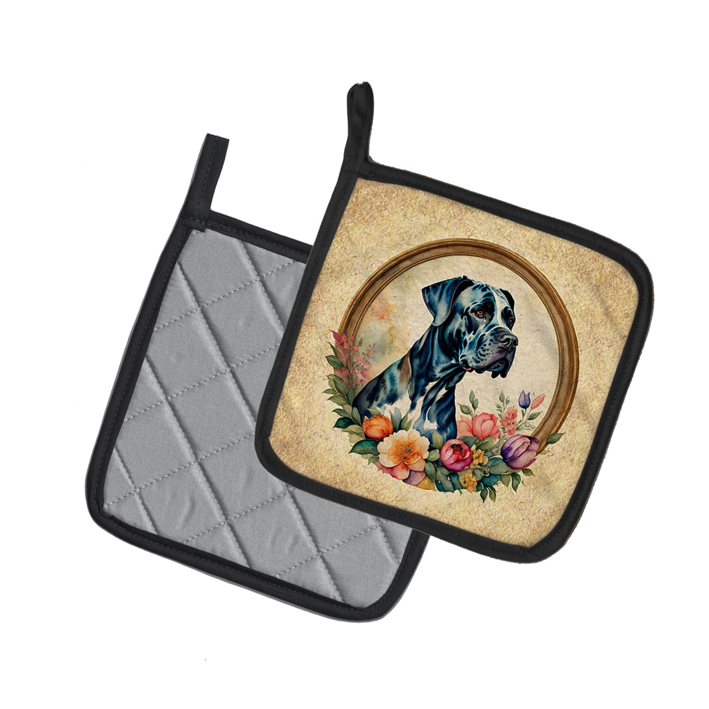 Great Dane and Flowers Pair of Pot Holders
