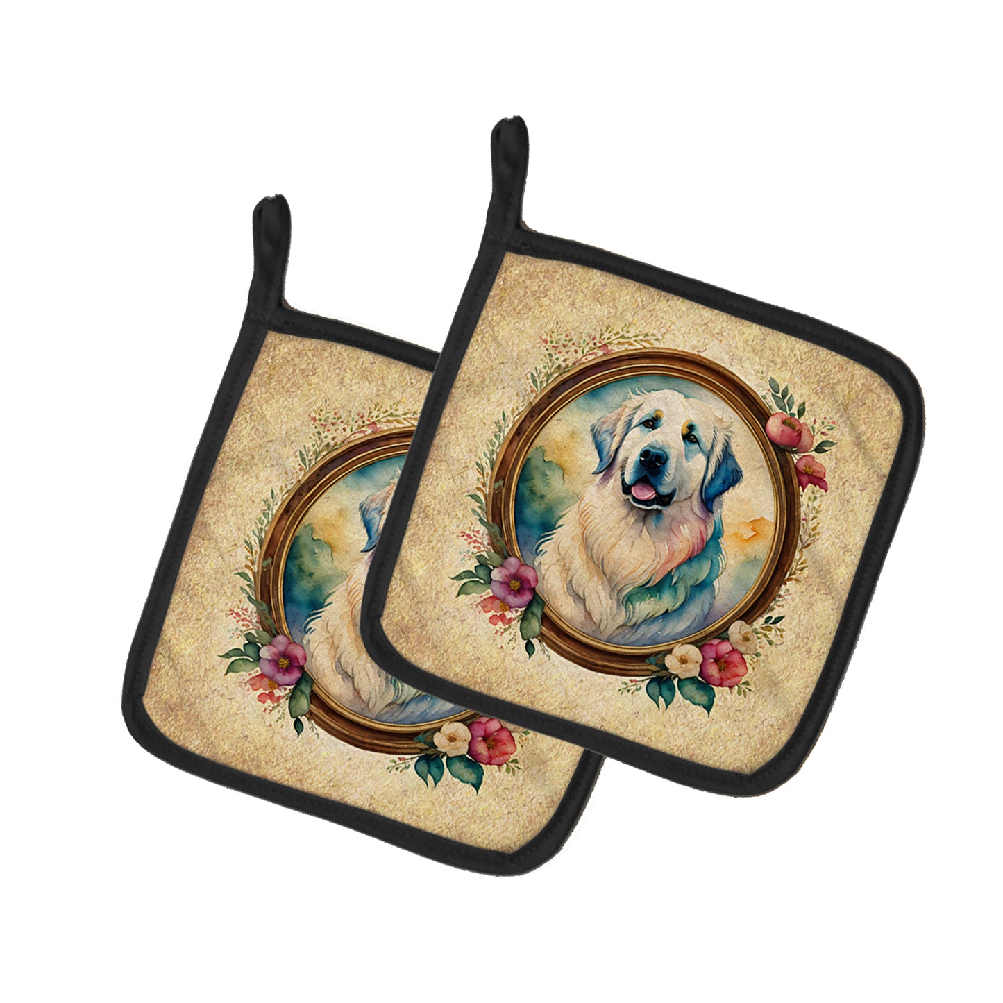 Buy this Great Pyrenees and Flowers Pair of Pot Holders